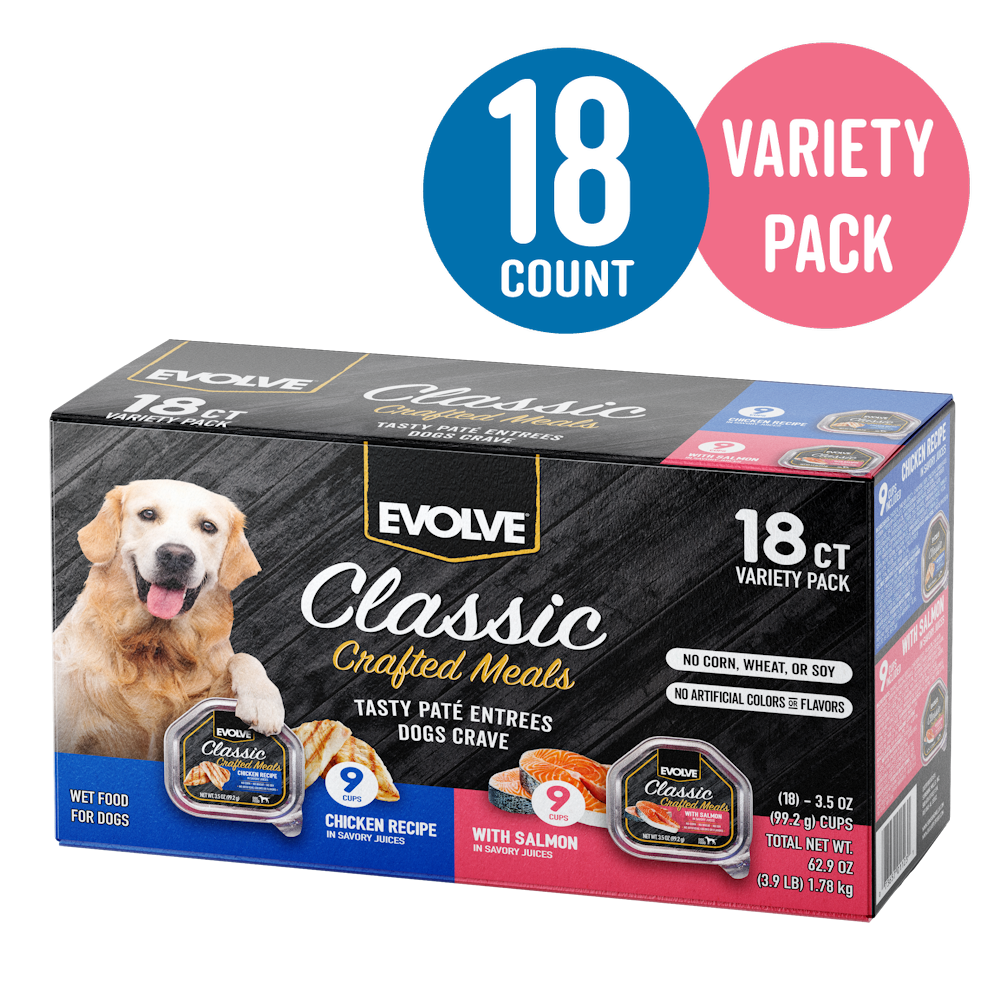 Classic Crafted Meals Wet Dog Food Variety Pack with Chicken & Salmon | 3.5 oz - 18 pk | Evolve