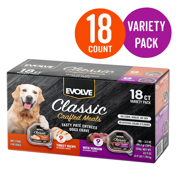 Classic Crafted Meals Wet Dog Food Variety Pack with Turkey & Venison | 3.5 oz - 18 pk | Evolve
