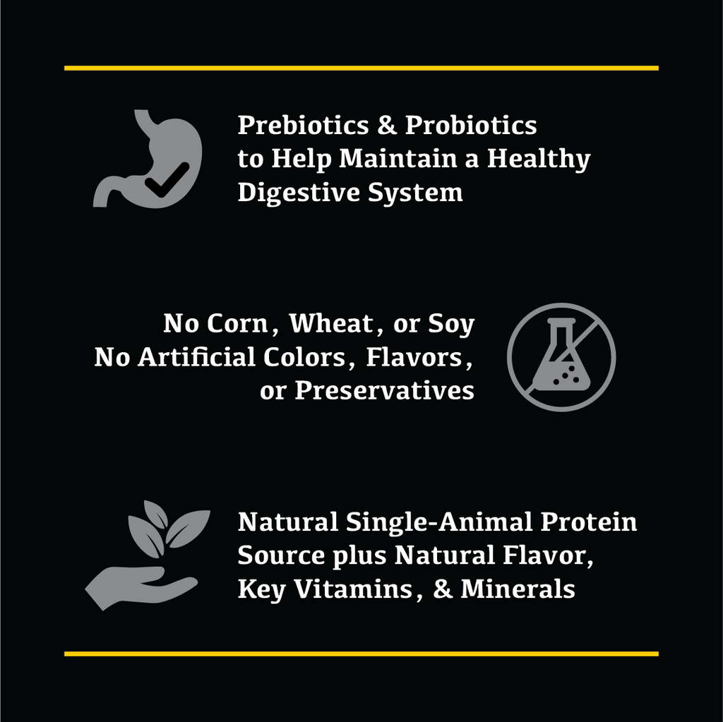 Prebiotics and probiotics to help maintain a healthy digestive system. No Corn, Wheat or Soy. No Artificial Colors, Flavors or Preservatives.
