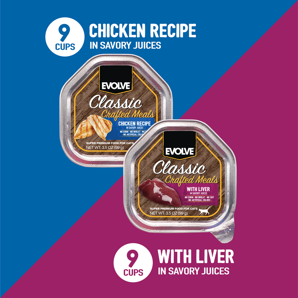 Classic Crafted Meals Wet Cat Food Variety Pack with Chicken & Liver | 3.5oz - 18 pk | Evolve