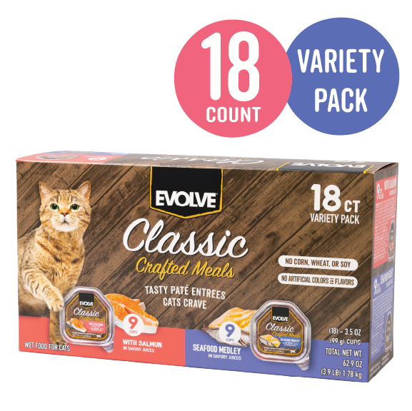 Classic Crafted Meals Wet Cat Food Variety Pack with Salmon & Seafood Medley | 3.5 oz - 18 pk | Evolve