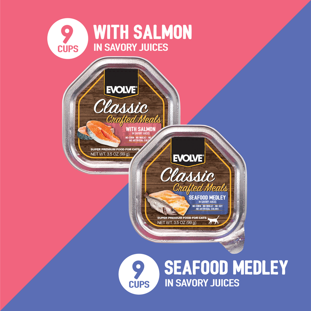Classic Crafted Meals Wet Cat Food Variety Pack with Salmon & Seafood Medley | 3.5 oz - 18 pk | Evolve