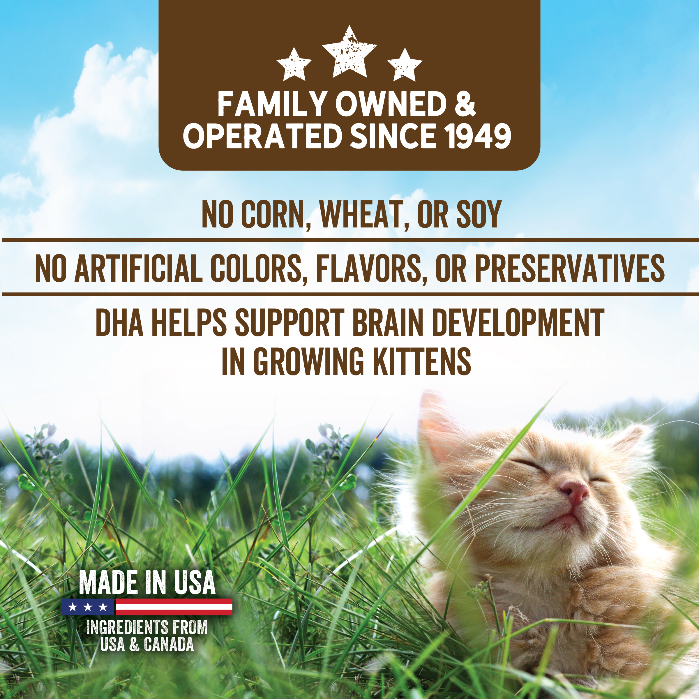 No Corn, Wheat or Soy. No Artificial Colors, Flavors or Preservatives.