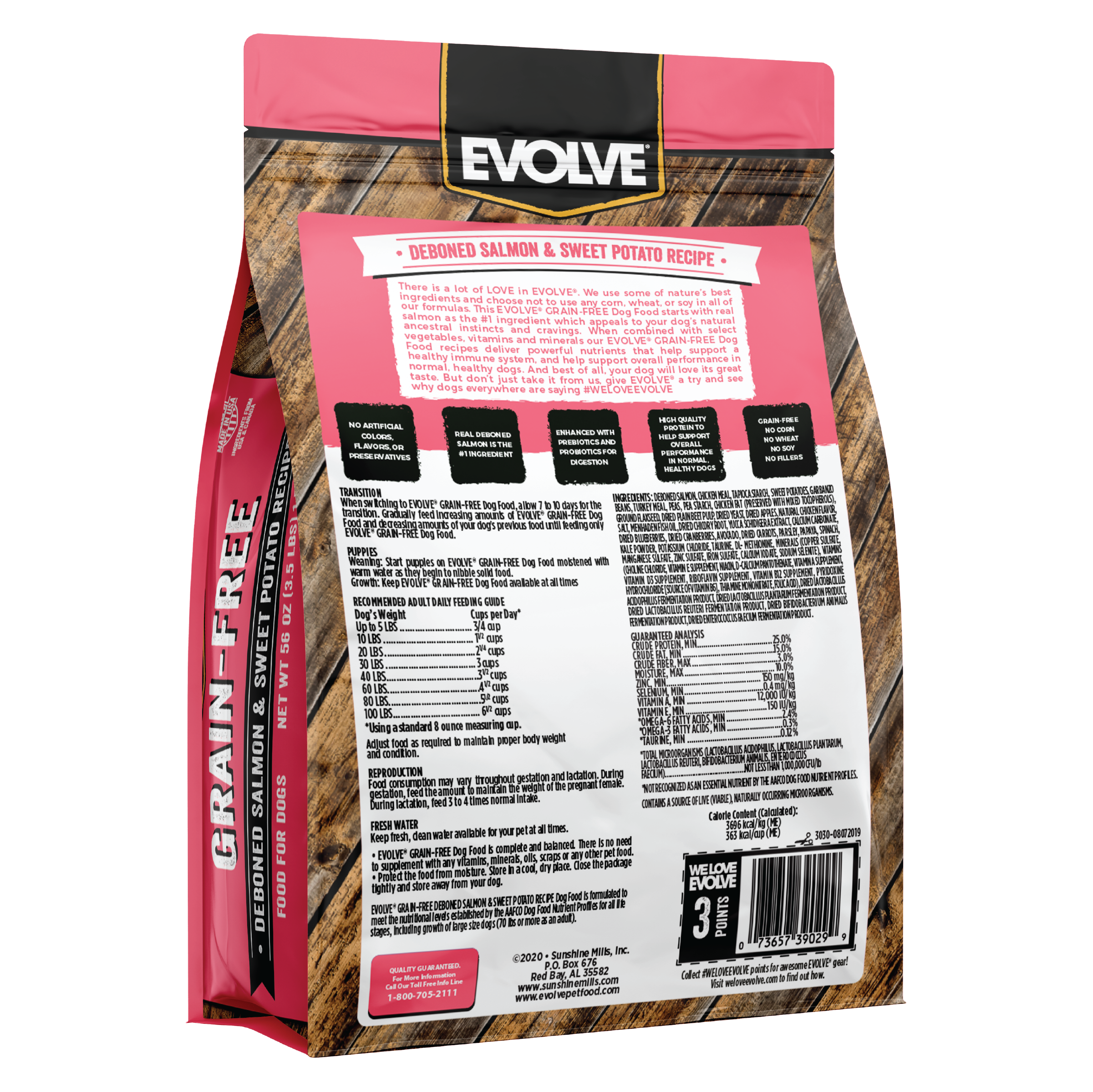 salmon and sweet potato dry dog food, 3.5 LB - back panel