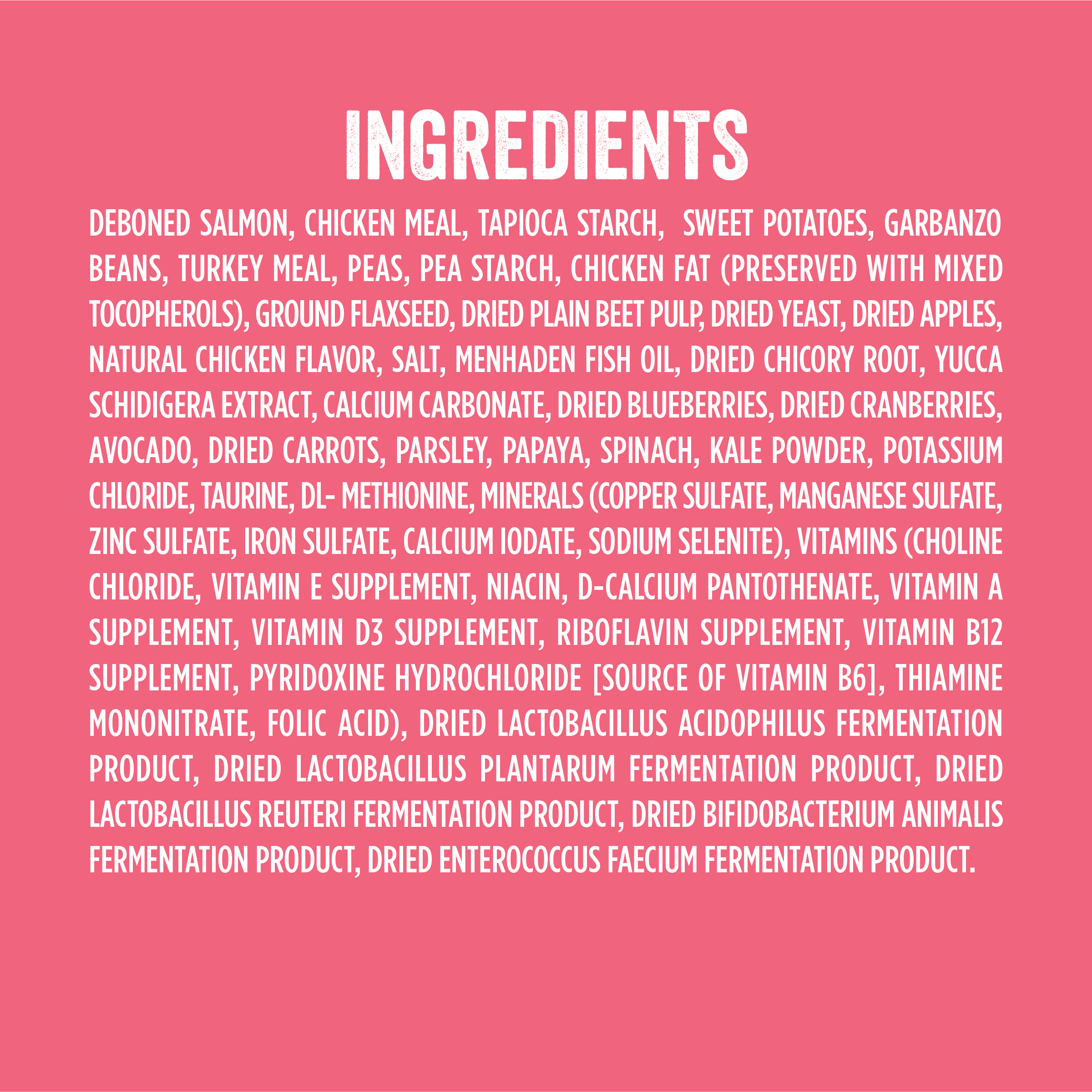 Ingredients for Evolve grain free salmon and sweet potato dog food