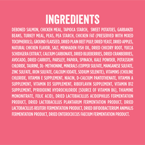 Ingredients for Evolve grain free salmon and sweet potato dog food