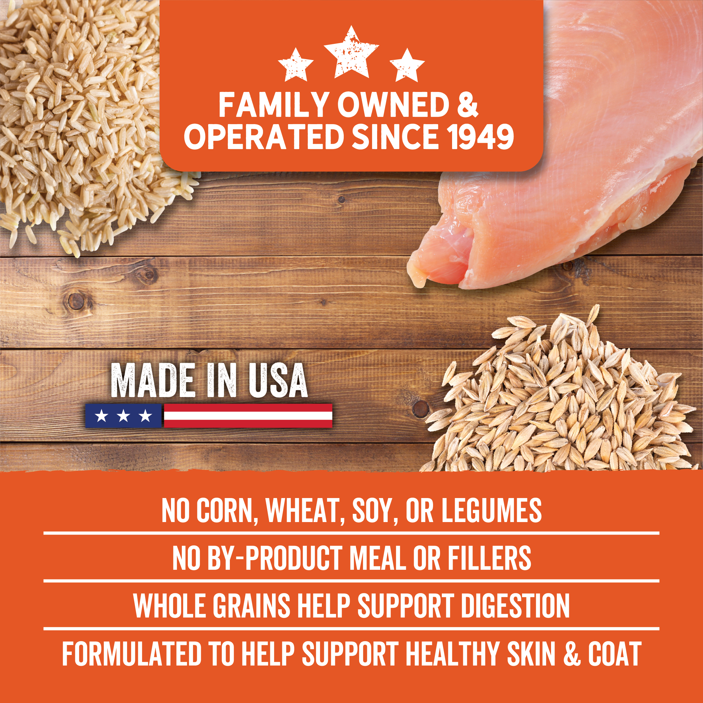 No Corn, Wheat, Soy or legumes. Made in the USA.