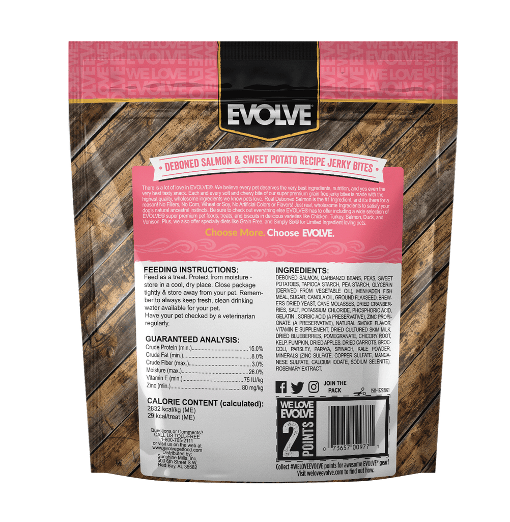 Grain Free Salmon & Sweet Potato Jerky Bites | 12 oz, 25 oz | Evolve