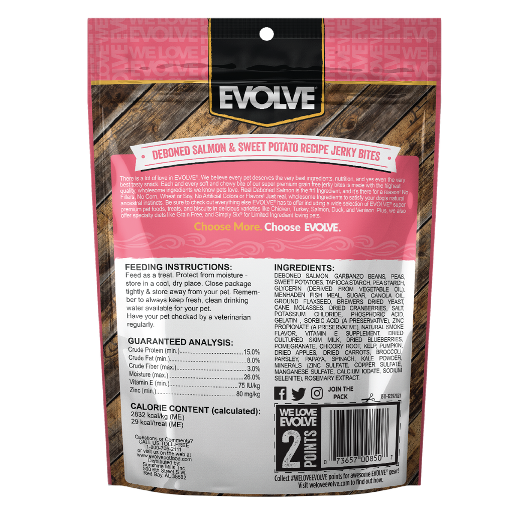 Evolve Grain Free Salmon & Sweet Potato Recipe Jerky Bites Soft Dog Treats | 12 oz, 25 oz