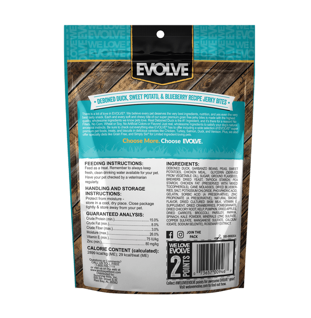 Grain Free Duck, Sweet Potato & Blueberry Jerky Bites | 12 oz | Evolve