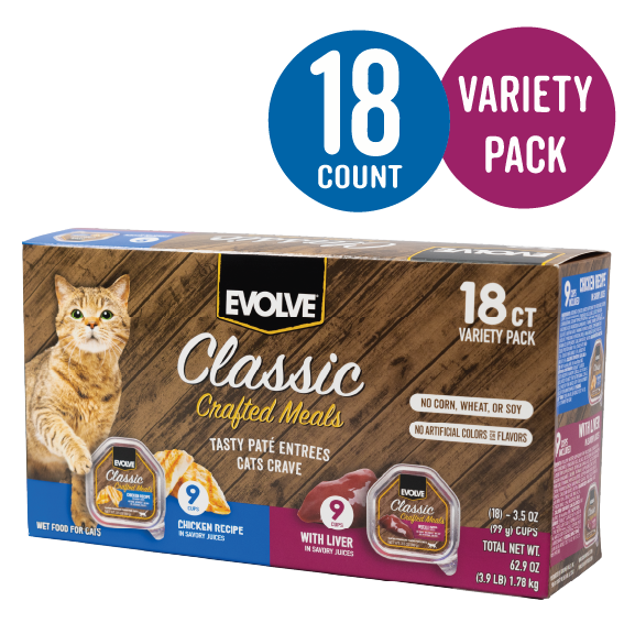 Classic Crafted Meals Wet Cat Food Variety Pack with Chicken & Liver | 3.5oz - 18 pk | Evolve