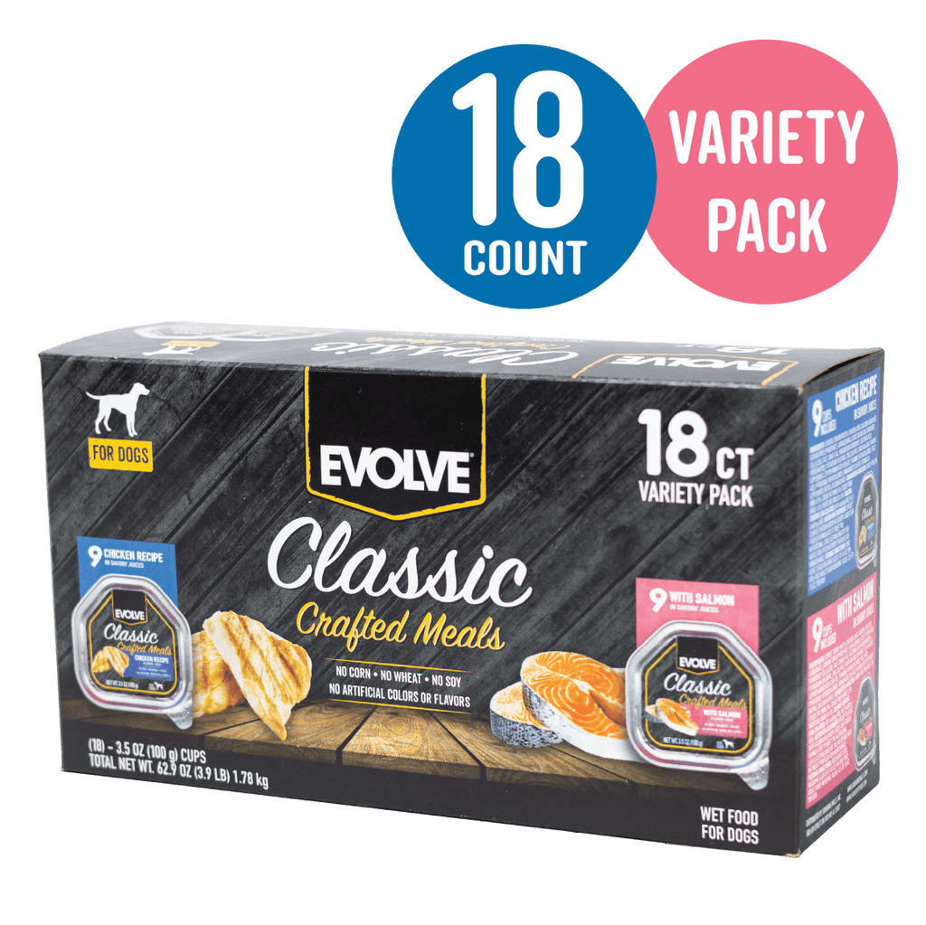 Classic Crafted Meals Wet Dog Food Variety Pack with Chicken & Salmon | 3.5 oz - 18 pk | Evolve