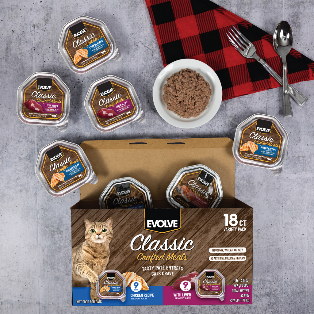 Classic Crafted Meals Wet Cat Food Variety Pack with Chicken & Liver | 3.5oz - 18 pk | Evolve