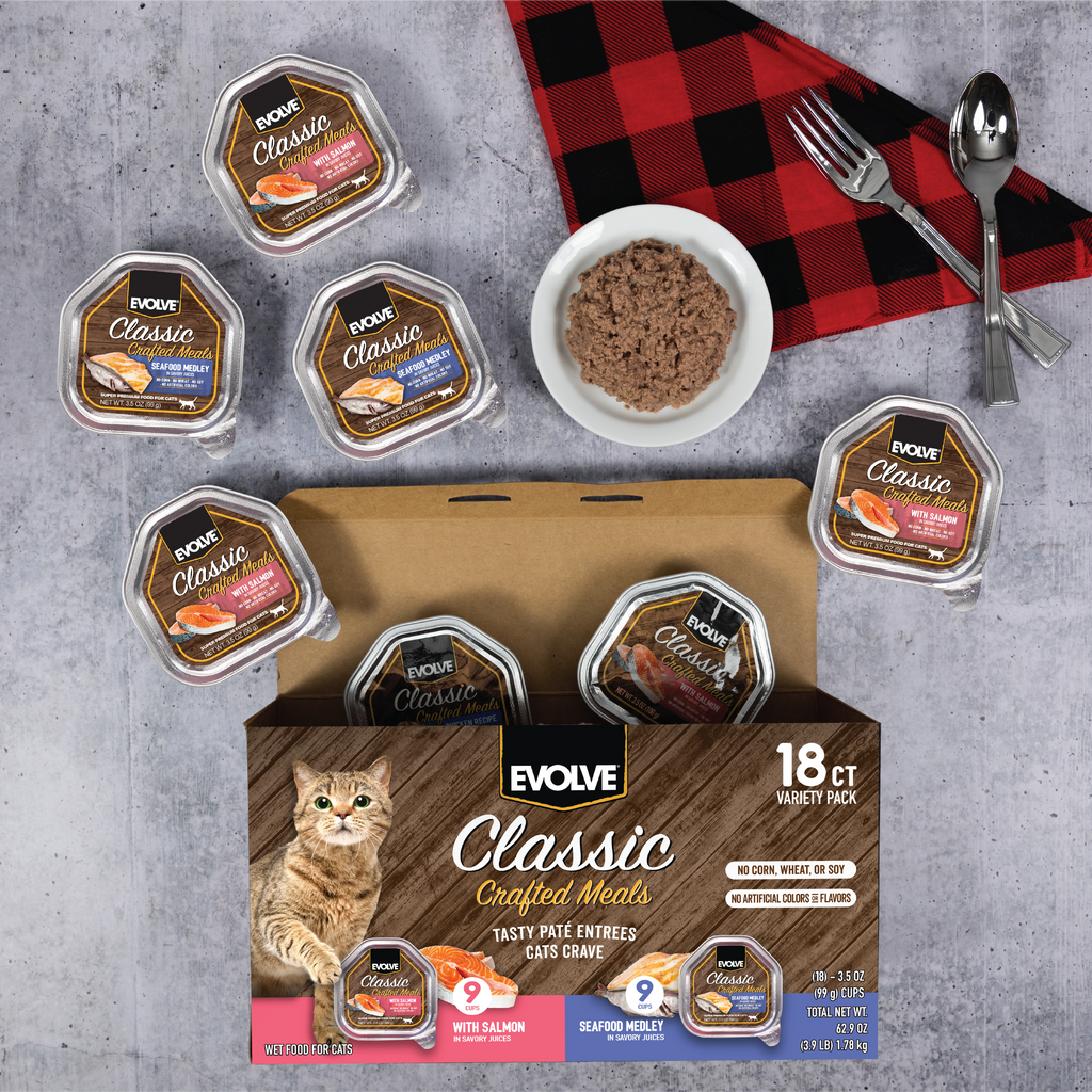 Evolve Classic Crafted Meals Variety Pack with Salmon & Seafood Medley Wet Cat Food | 3.5 oz - 18 pk