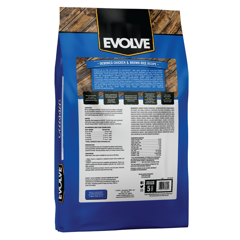 evolve classic dog food chicken, 15 LB, back panel