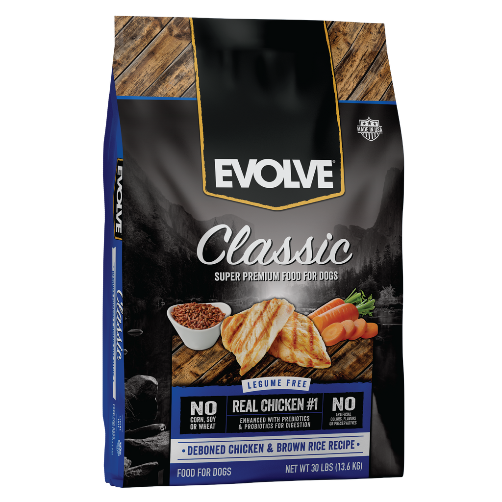 evolve classic dog food chicken, 30 LB, front panel