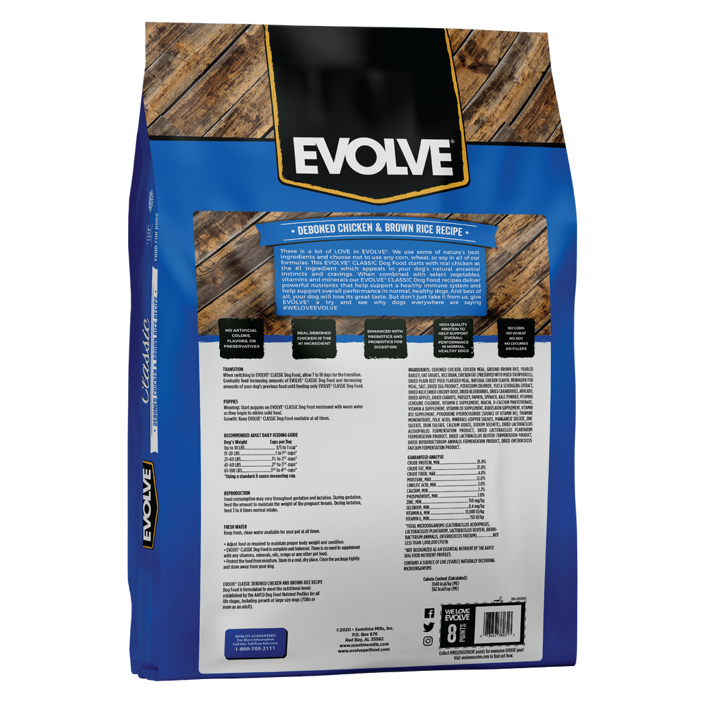 evolve classic dog food chicken, 30 LB, back Panel