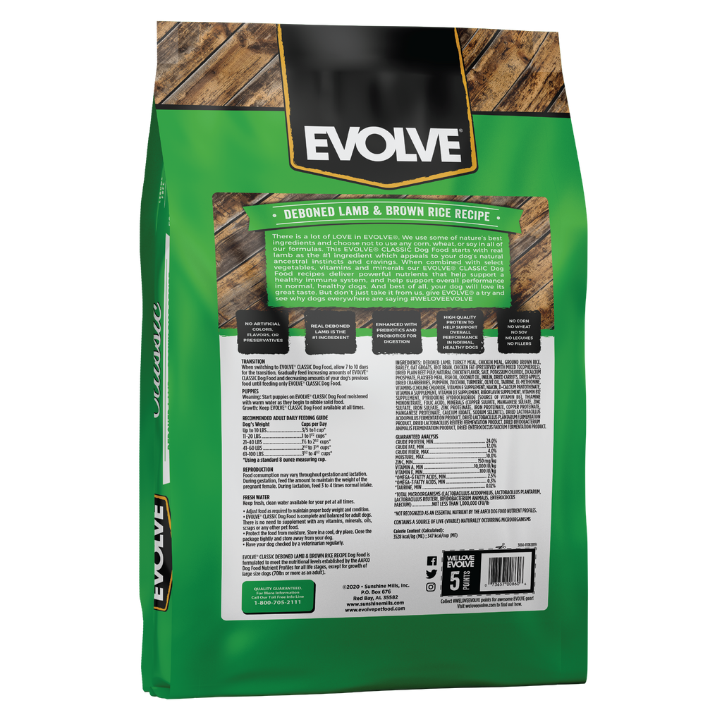 Evolve Classic Lamb and Brown Rice Dog Food, 14 LB - Back Panel