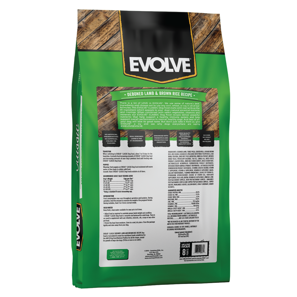 Evolve Classic Lamb and Brown Rice Dog Food, 28 LB - Back Panel
