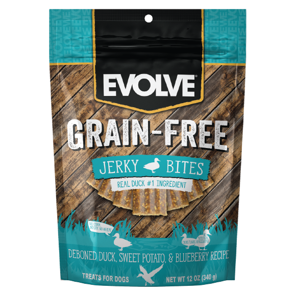 Evolve Grain Free Duck, Sweet Potato & Blueberry Recipe Jerky Bites Soft Dog Treats | 12 oz