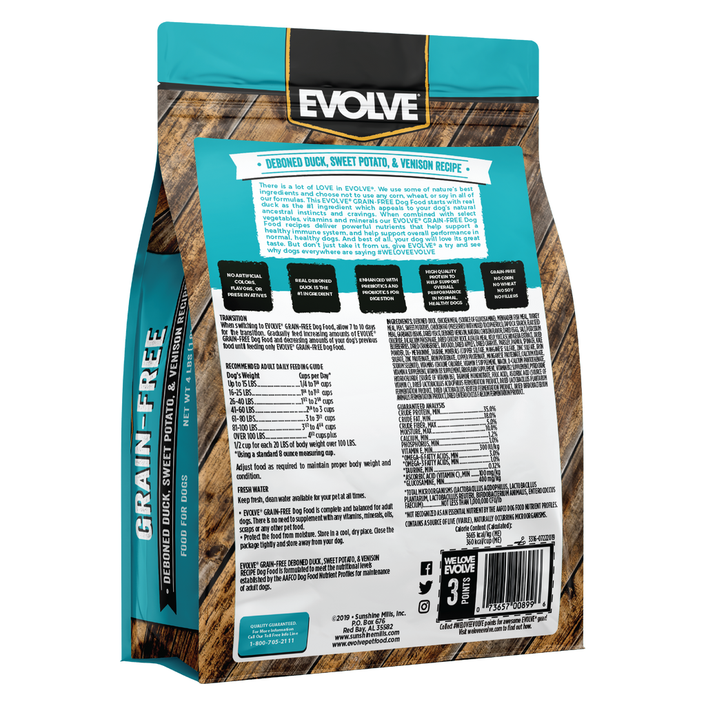 Evolve Grain Free Duck, Sweet Potato & Venison Recipe Dry Dog Food | 3.5 LB, 11 LB