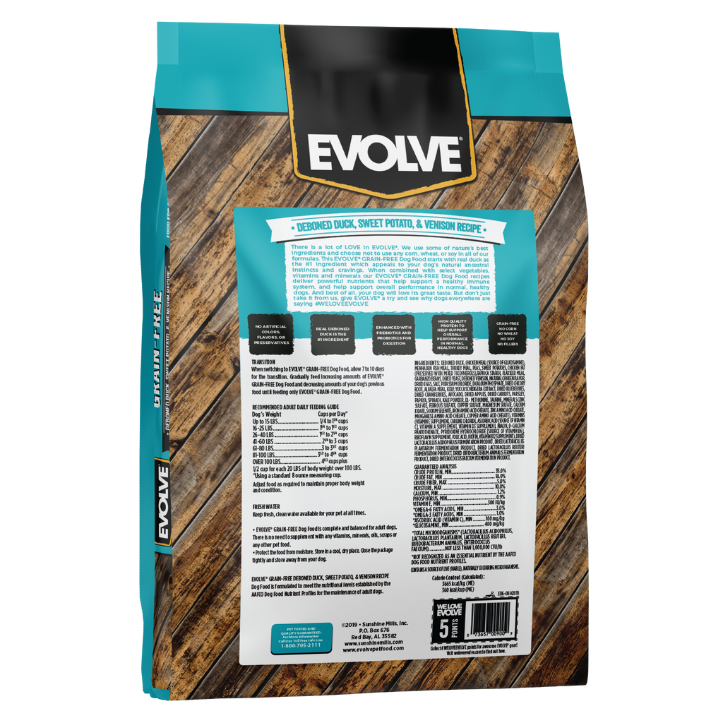 Evolve Grain Free Duck, Sweet Potato & Venison Recipe Dry Dog Food | 3.5 LB, 11 LB