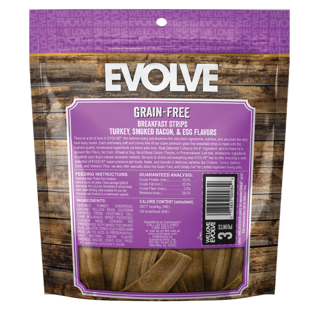 Grain Free Breakfast Strips Dog Treats | 6 oz, 25 oz | Evolve