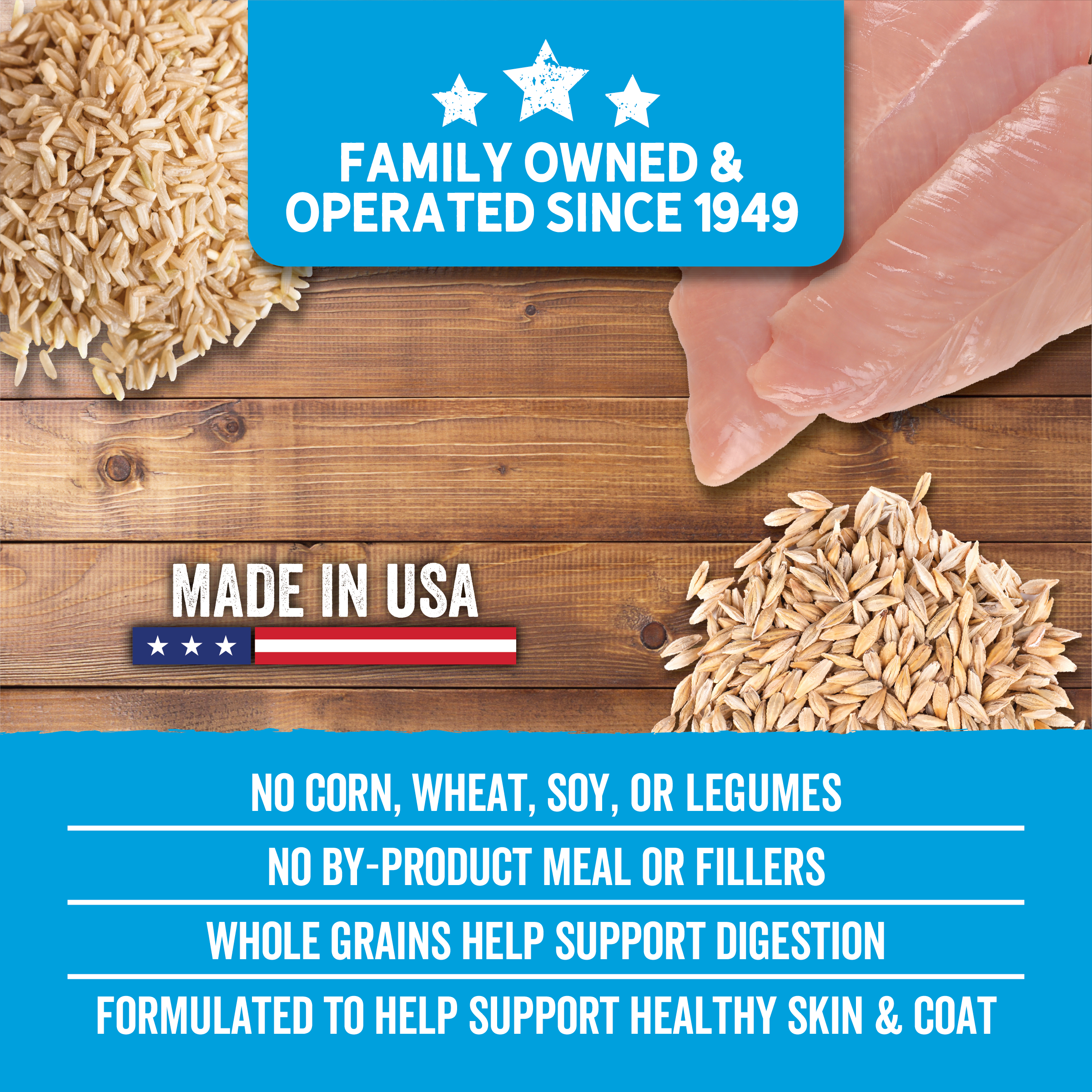 No Corn, Wheat, soy or legumes.