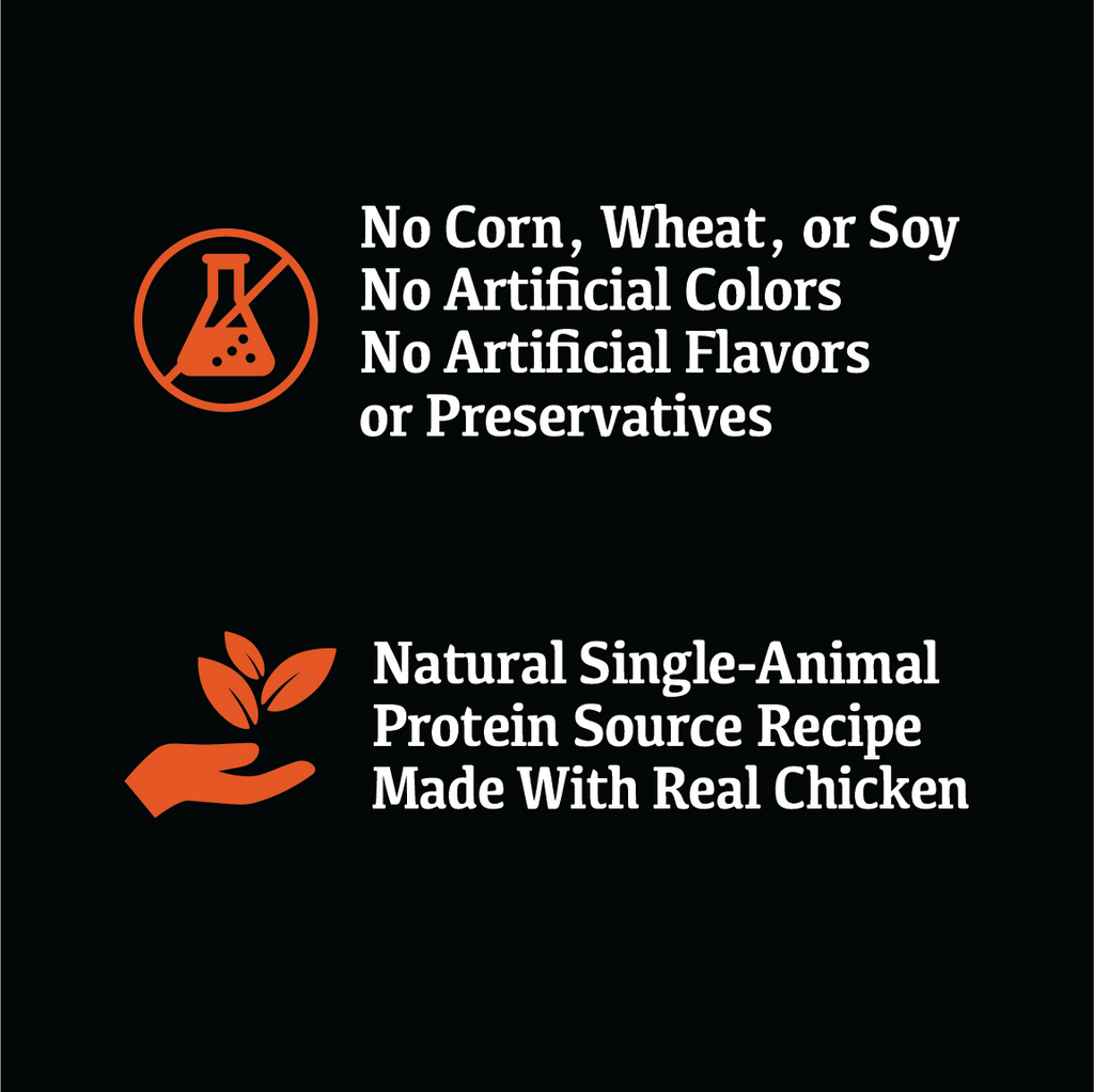 No Corn, Wheat or Soy. No Artificial Colors, Flavors or Preservatives.