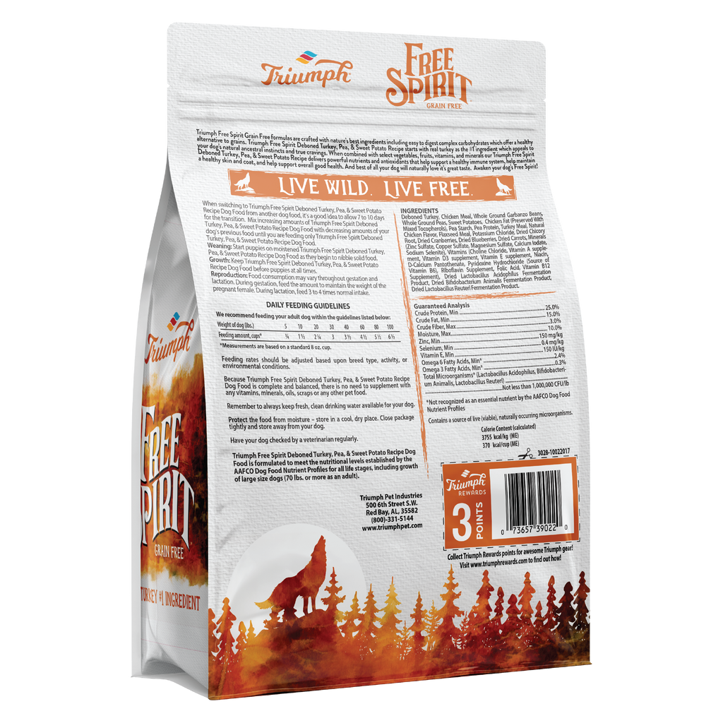 Triumph Free Spirit Grain Free Turkey, Pea, & Sweet Potato Recipe Dry Dog Food | 3 LB, 14 LB, 26 LB