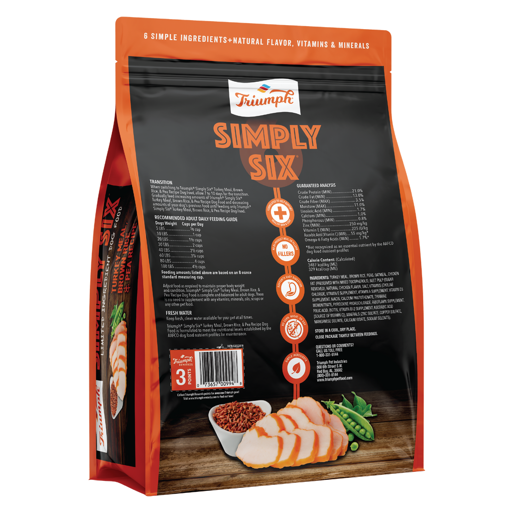 Triumph Simply Six Turkey, Brown Rice, & Pea Recipe Dry Dog Food | 3 LB, 14 LB, 28 LB